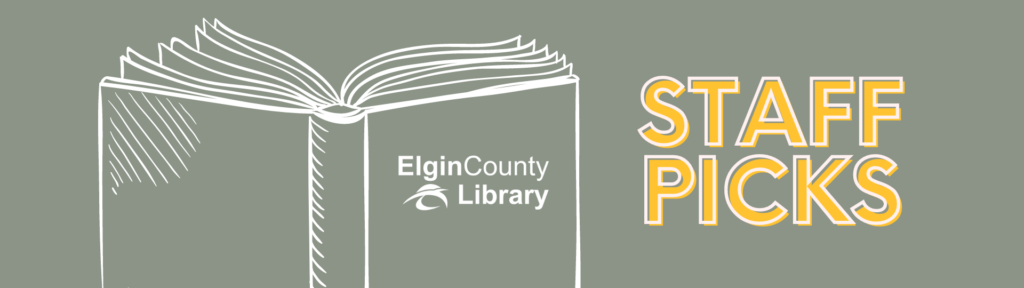 elgin county library logo on a book with the words staff picks beside it on a grey background